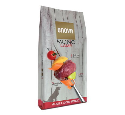 Grote zak Enova Mono Lamb hondenvoer met lam, glutenvrij en rijk aan eiwitten.
