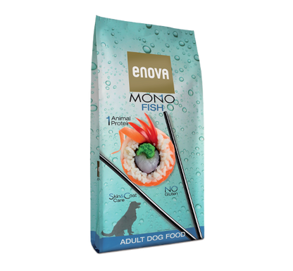 Enova Mono Fish hondenvoer 12 kg, premium hondenvoer met vis voor gevoelige honden met huidproblemen.