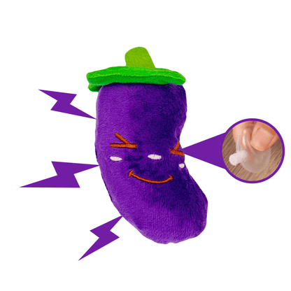 Pluche aubergine hondenspeeltje met een ingebouwde pieper, paarse knuffel met groen blad.