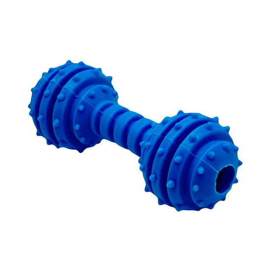 Blauwe Kleurknal Dumbel hondenspeeltje met textuur en noppen voor kauwplezier en tandverzorging.