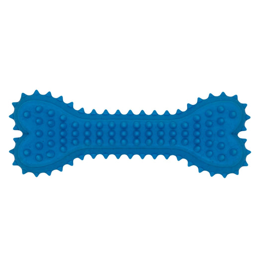 Blauw Spikey Kauwbot met een hartvormig design aan beide uiteinden en een geribbelde structuur voor extra grip.