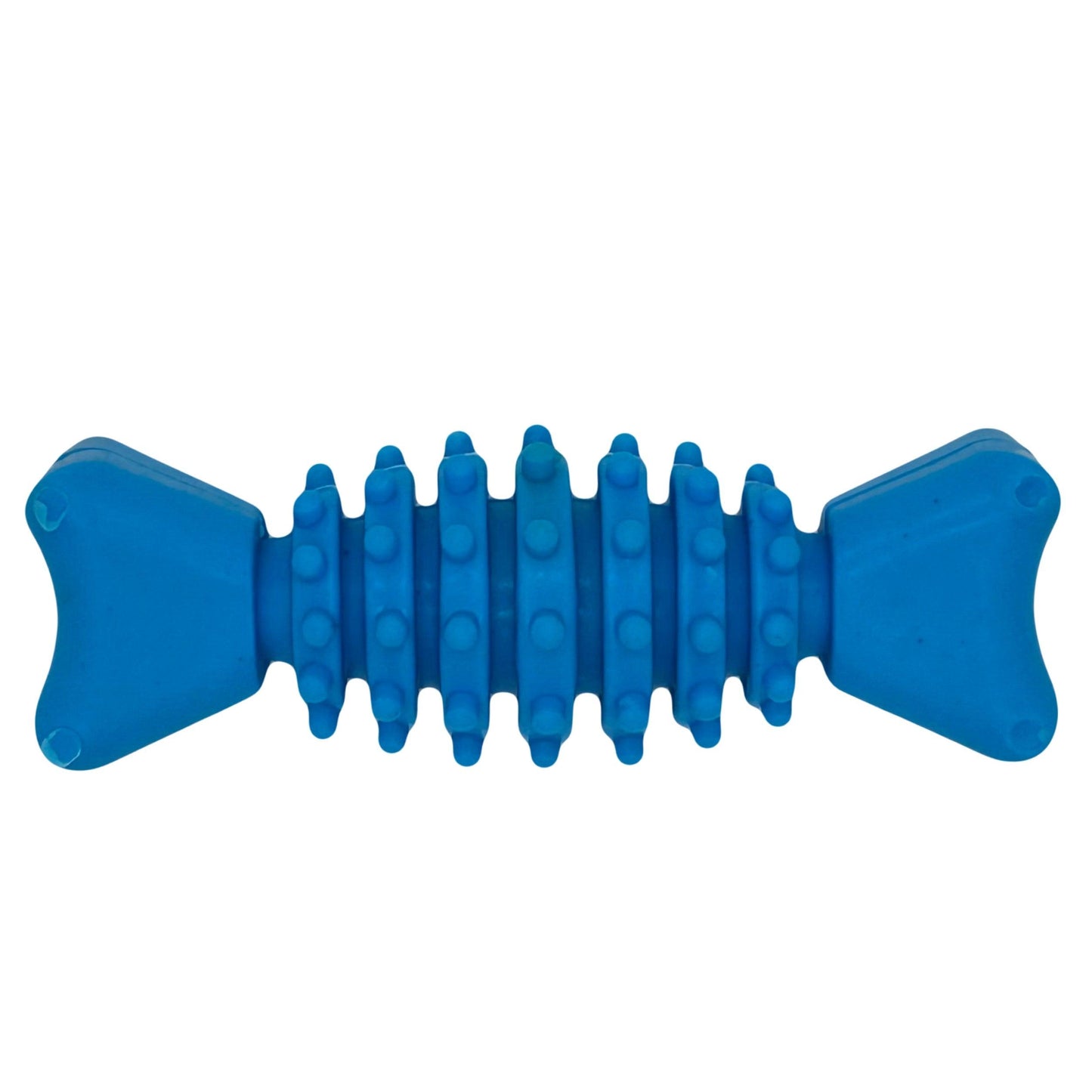 Productbeeld van de Grijpklare Visgraat, een blauw hondenspeeltje met een textuur die speciaal is ontworpen voor kauwplezier.