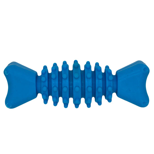 Productbeeld van de Grijpklare Visgraat, een blauw hondenspeeltje met een textuur die speciaal is ontworpen voor kauwplezier.