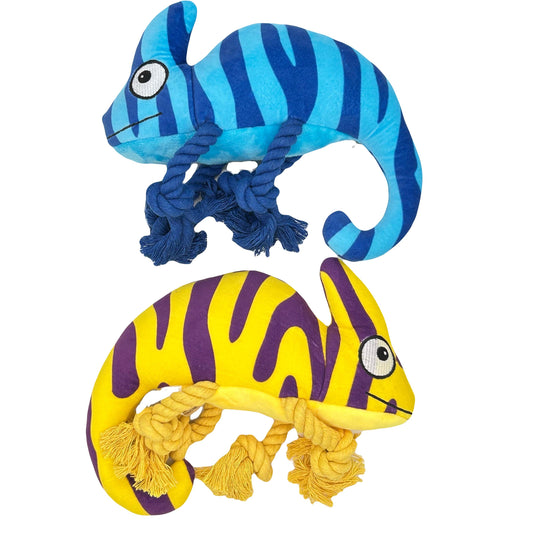 Set van twee Hagedis Rango knuffels, in blauw en geel, ontworpen met stevige touwen en zacht pluche materiaal.
