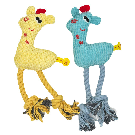 Set van twee Hertje Bambi knuffels in blauw en geel, met stevige touwen en piepjes voor extra speelplezier.