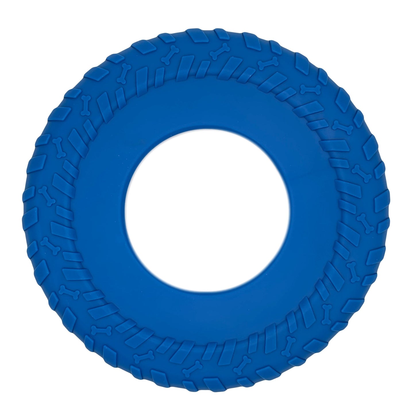 Blauwe rubberen hondenfrisbee perfect voor apporteerspelletjes in de buitenlucht.