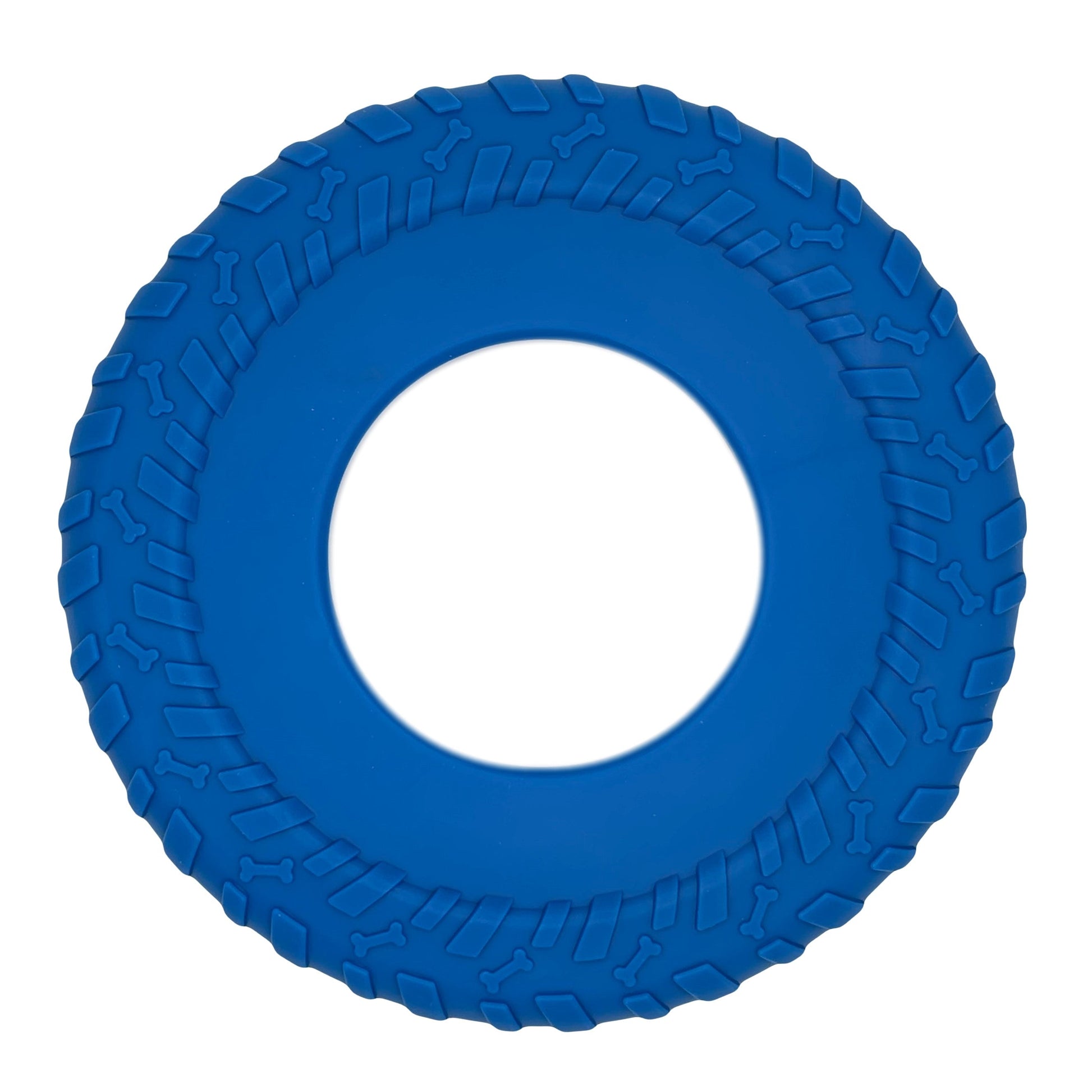 Blauwe rubberen hondenfrisbee perfect voor apporteerspelletjes in de buitenlucht.