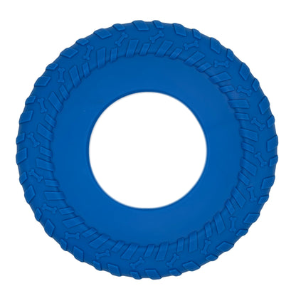 Blauwe rubberen hondenfrisbee perfect voor apporteerspelletjes in de buitenlucht.