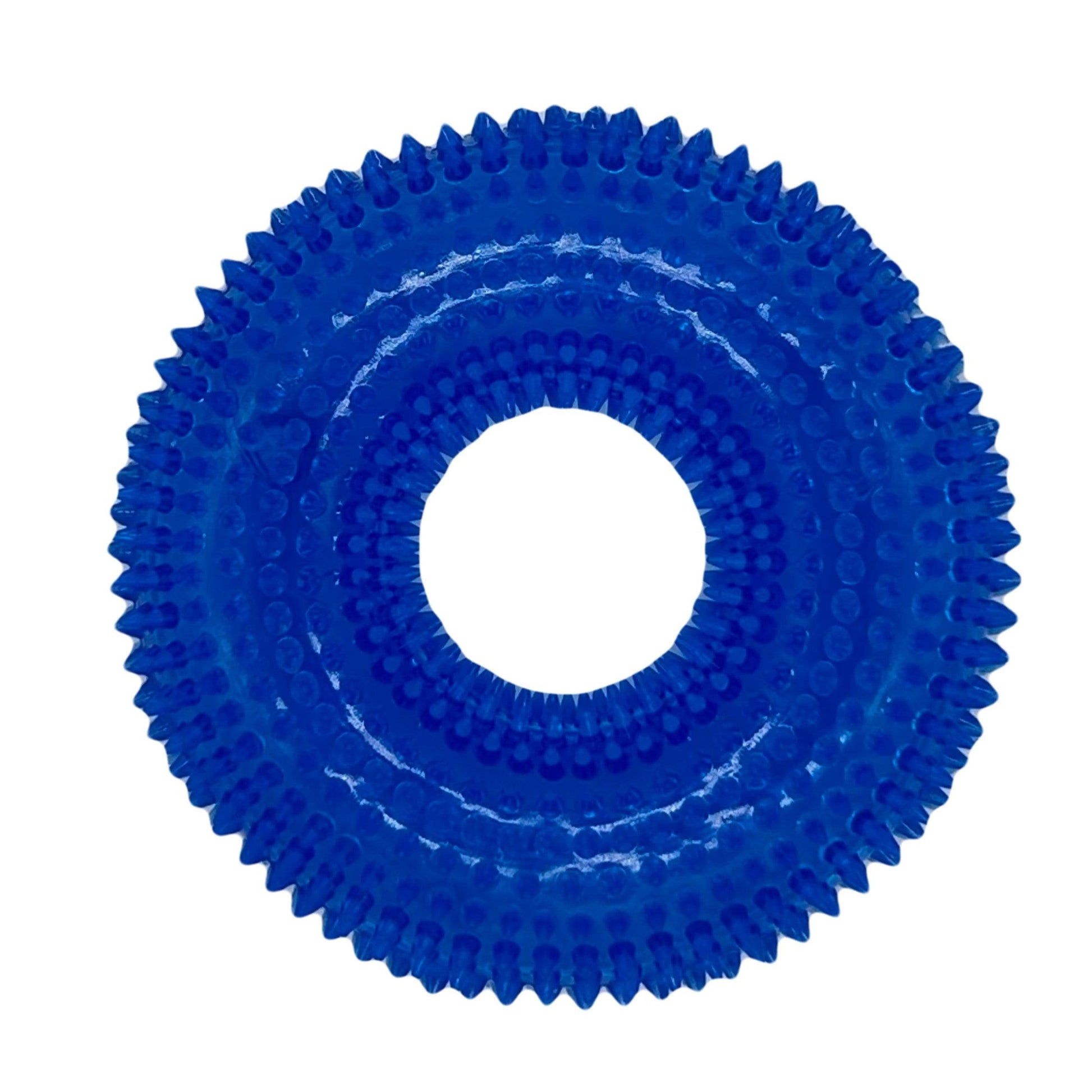 Close-up van de blauwe Spikey Ring, een stevig hondenspeeltje met spikes en pieper, ontworpen voor interactieve speeltijd.