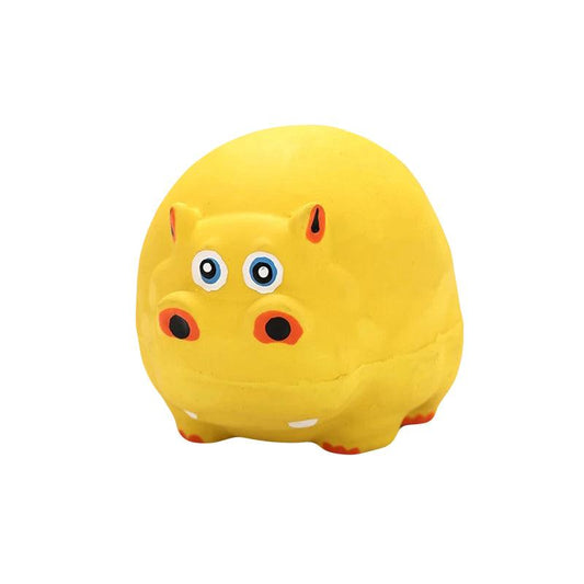  Geel rubberen nijlpaard hondenspeeltje met grote bolle vorm, grappige ogen en piepfunctie voor interactief speelplezier.