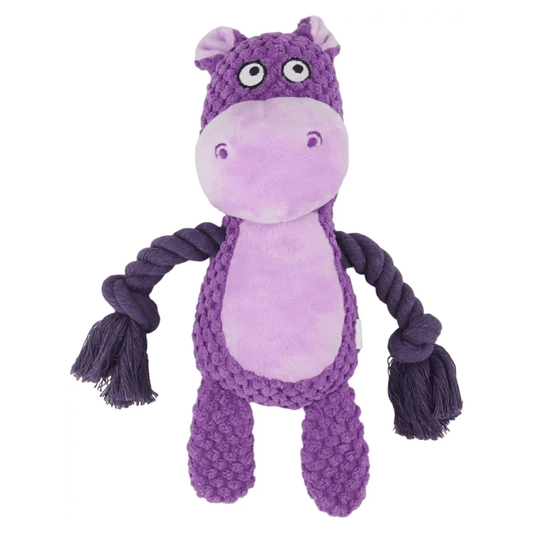  Een pluche paarse nijlpaard-knuffel met flostouwen als poten, ideaal als hondenspeeltje voor urenlang kauwplezier.