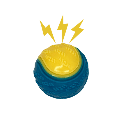 De StuiterSter met gele bliksemschichten, die aangeven dat de bal een piepgeluid maakt.