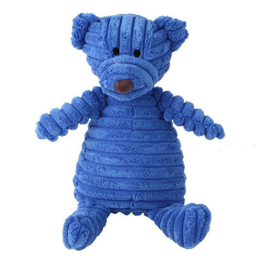 Beer Baloe, een zachte blauwe knuffel met ribstructuur en stevige poten, ideaal als speelmaatje voor honden.