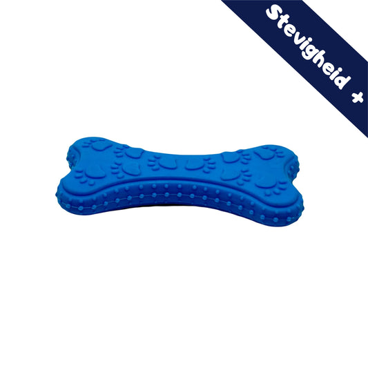 Stevig blauw hondenbot met pootafdrukken en textuur voor extra grip, perfect voor sterke kauwers. Label in hoek: 'Stevigheid +'