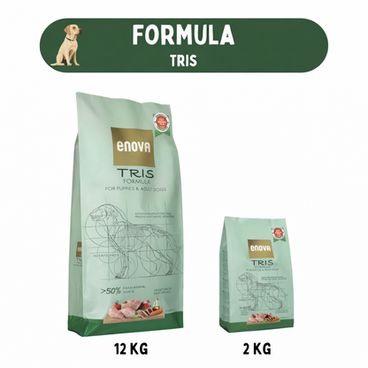Enova Tris Formula hondenvoer in verpakkingen van 12 kg en 2 kg, rijk aan dierlijke eiwitten en vrij van granen en aardappel.
