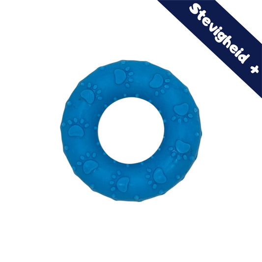 Blauwe hondenbijtring met pootafdrukken, extra stevig voor langdurig kauwplezier.