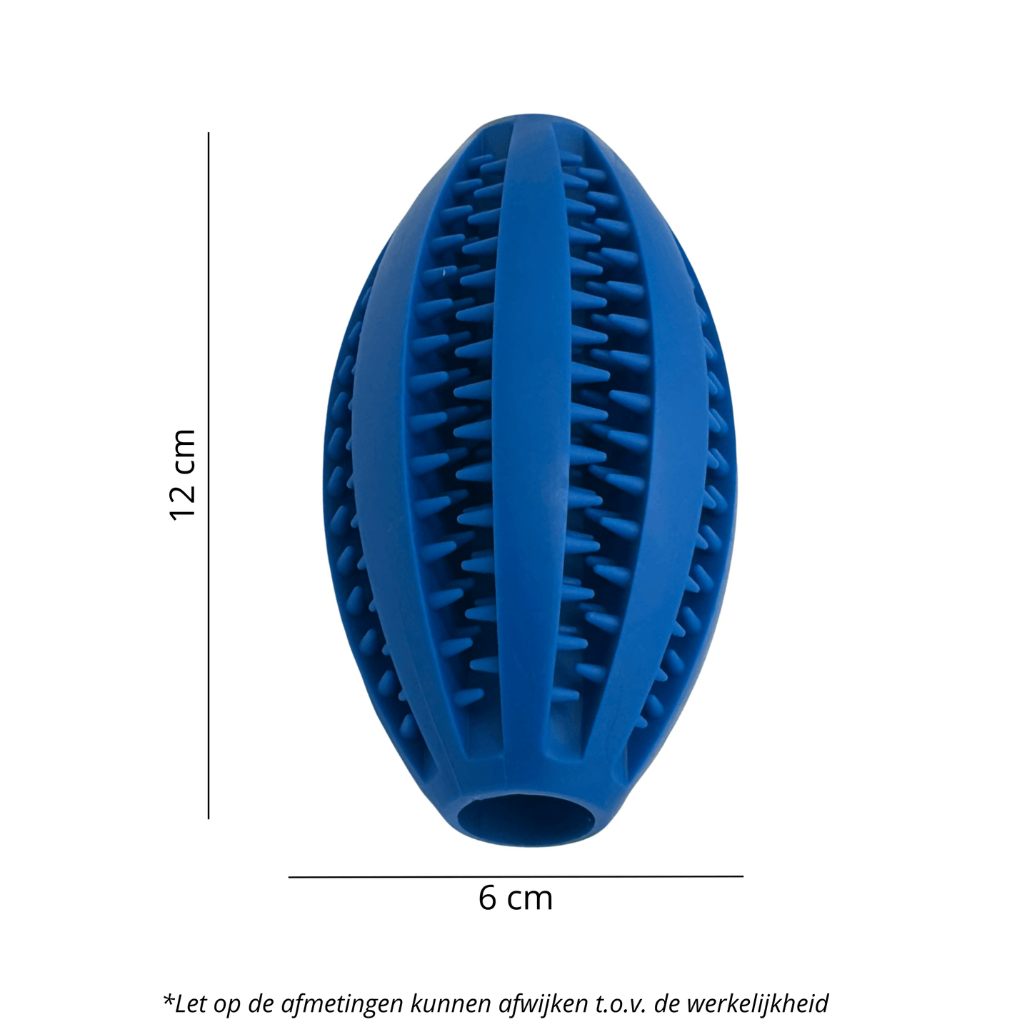 Speeltje in rugbybal vorm met spikes en inkepingen, geschikt voor verstoppen van snacks. Afmetingen: 12 cm lang en 6 cm breed