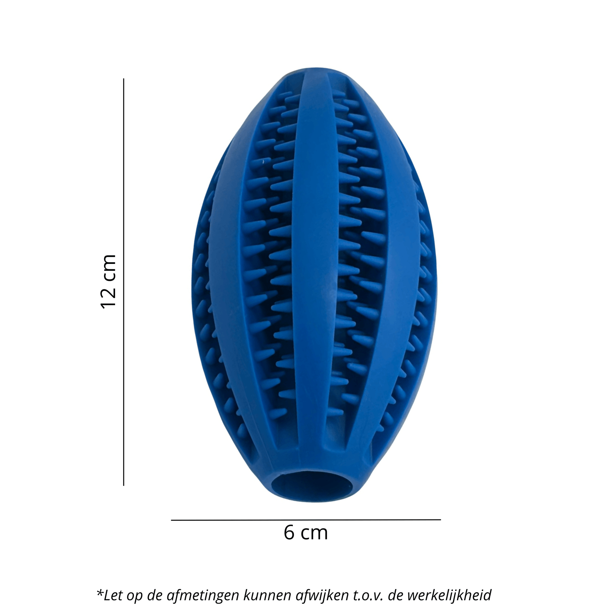 Speeltje in rugbybal vorm met spikes en inkepingen, geschikt voor verstoppen van snacks. Afmetingen: 12 cm lang en 6 cm breed