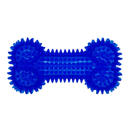 Blauw botvormig hondenspeeltje met spikes voor tandverzorging en kauwplezier.