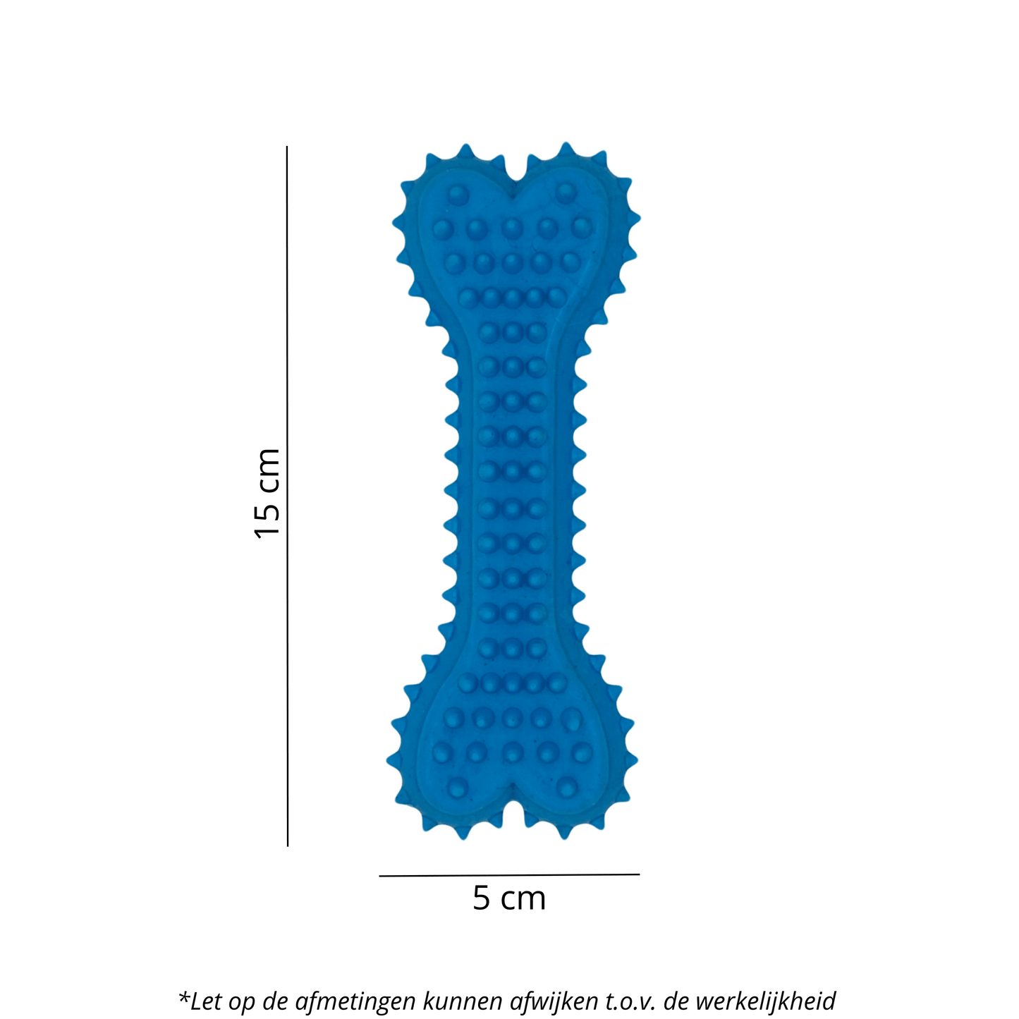 Blauw Spikey Kauwbot van 15 cm lang en 5 cm breed, voorzien van spikes en een zachte textuur.
