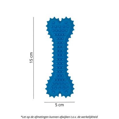Blauw Spikey Kauwbot van 15 cm lang en 5 cm breed, voorzien van spikes en een zachte textuur.