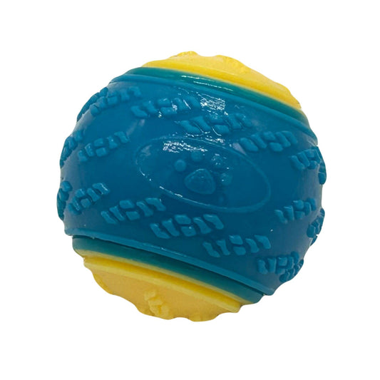 De StuiterSter, een blauwe en gele rubberen bal met reliëfpatroon, afgebeeld tegen een witte achtergrond.