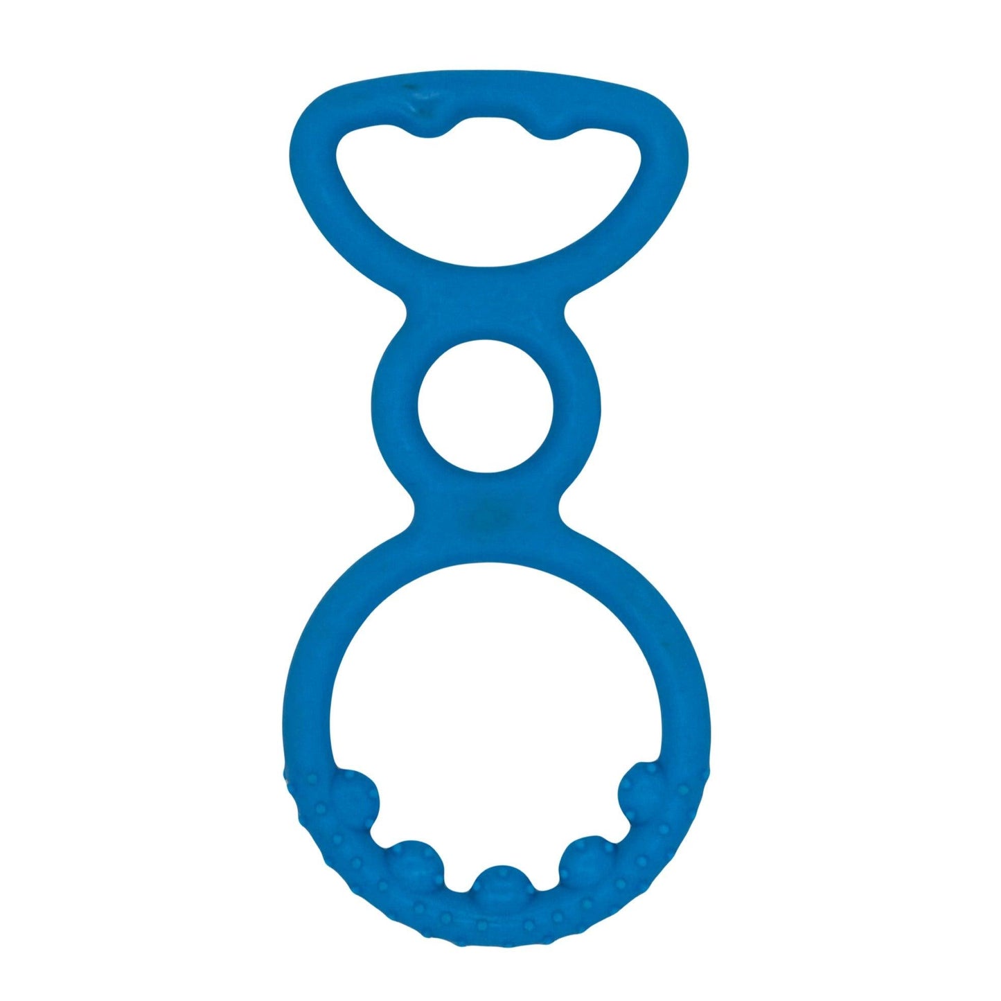Blauw trekring hondenspeeltje met handvat, ideaal voor trekspelletjes en kauwplezier.