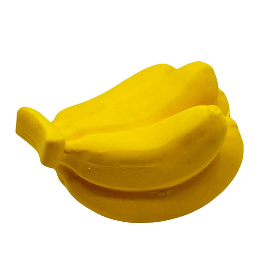 Geel bananenvormig hondenspeeltje in de vorm van een tros bananen.